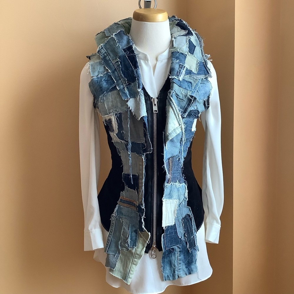 LOVEMATTERS Designer Black Corduroy & Patchwork Denim Hourglass Vest Size S - Picture 11 of 16